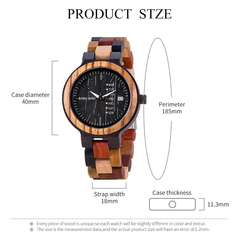 BOBO BIRD Wooden Men Watch Fashion Business Week And Date Display Quartz Timepiece Customize Logo Great Gift Relogio Masculino