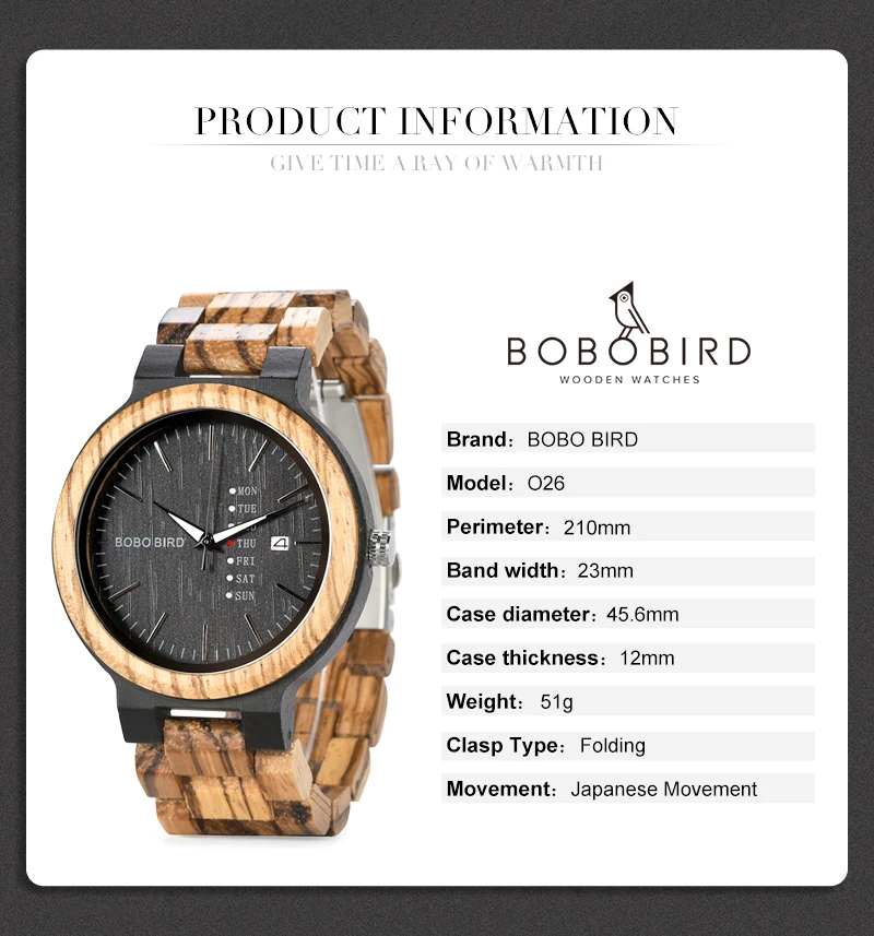 BOBO BIRD Wooden Men Watch Fashion Business Week And Date Display Quartz Timepiece Customize Logo Great Gift Relogio Masculino