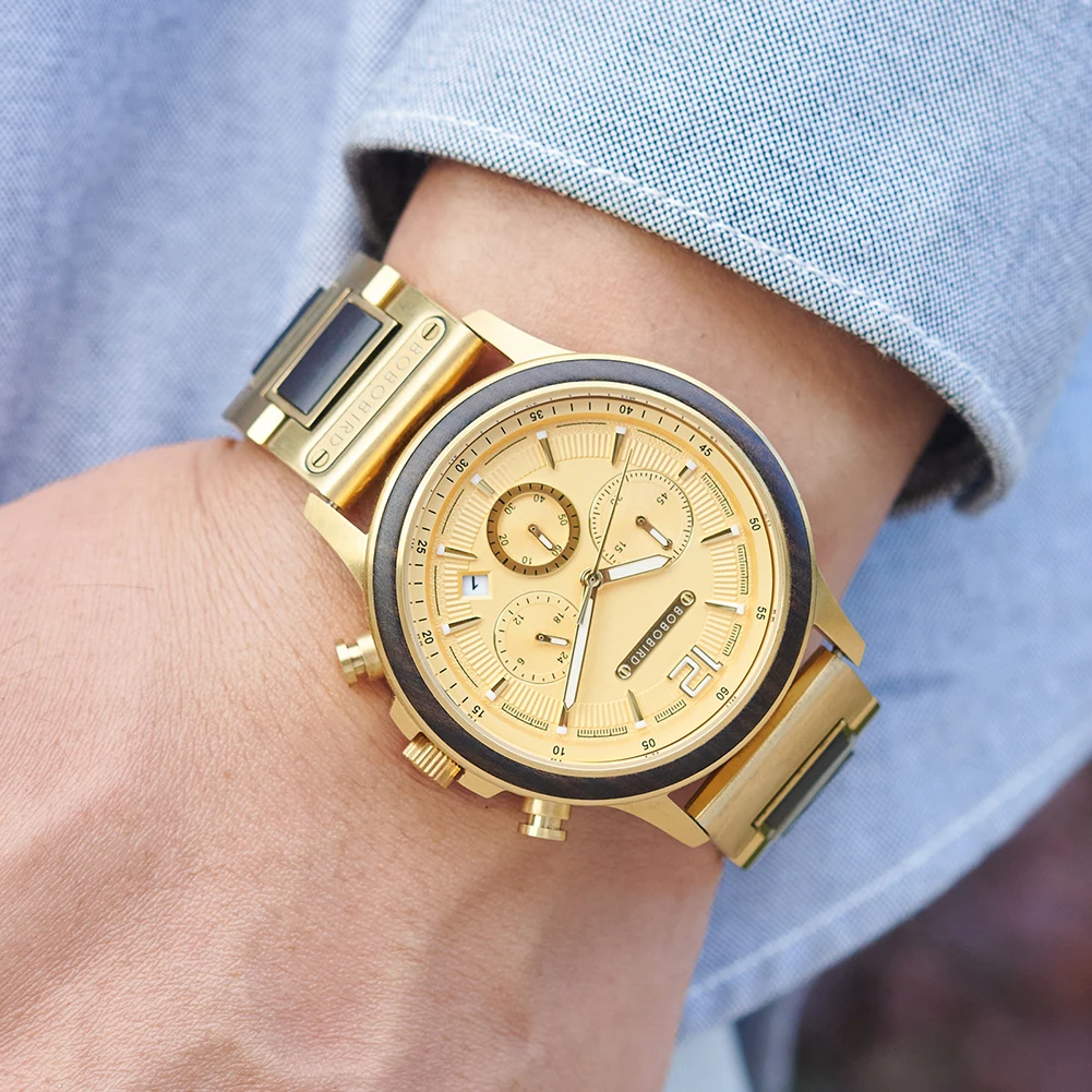 BOBOBIRD Golden Color Men's Watch Japanese Quartz Movement Ebony Wood Strap & Stainless Steel Case Custom Logo Brand Or Name