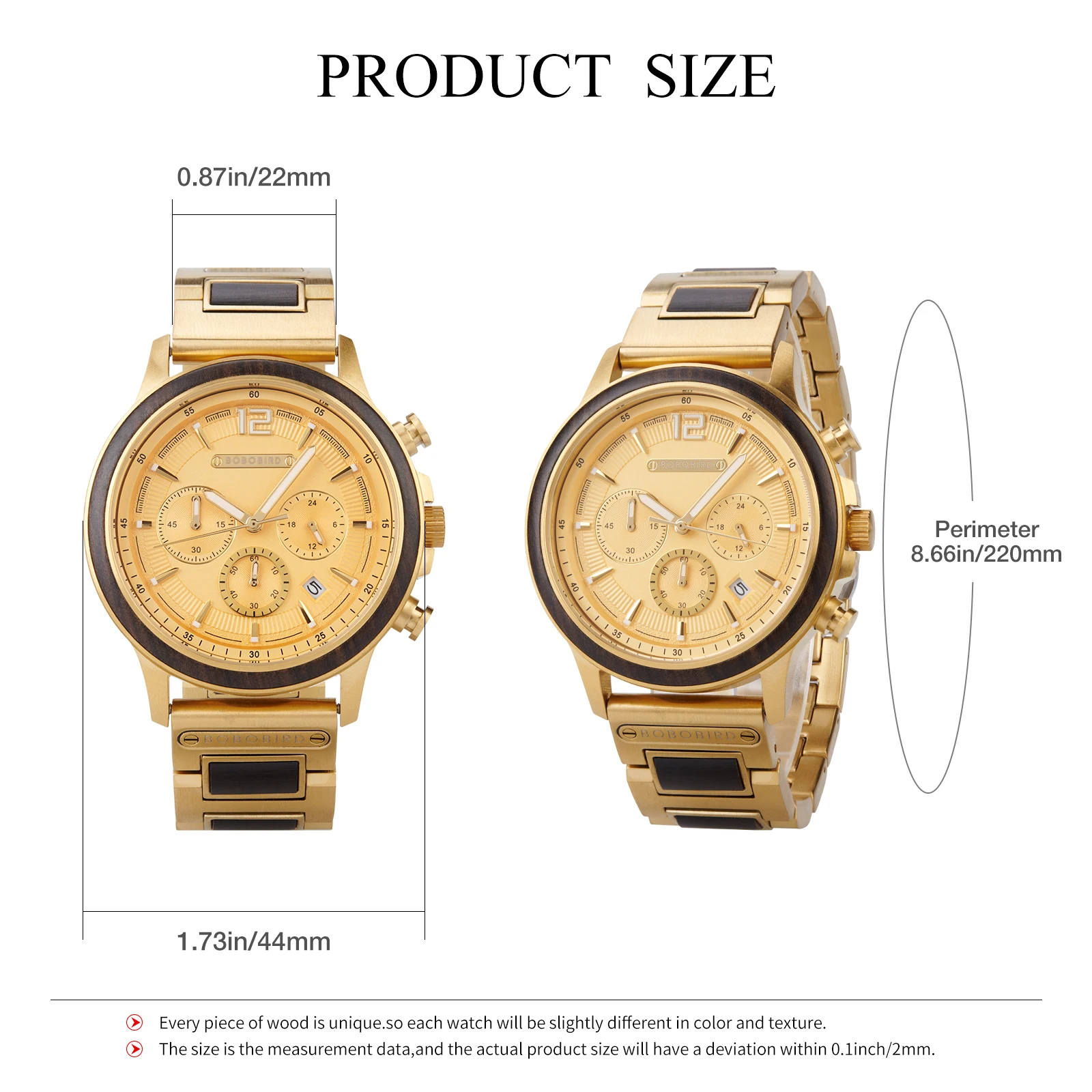 BOBOBIRD Golden Color Men's Watch Japanese Quartz Movement Ebony Wood Strap & Stainless Steel Case Custom Logo Brand Or Name
