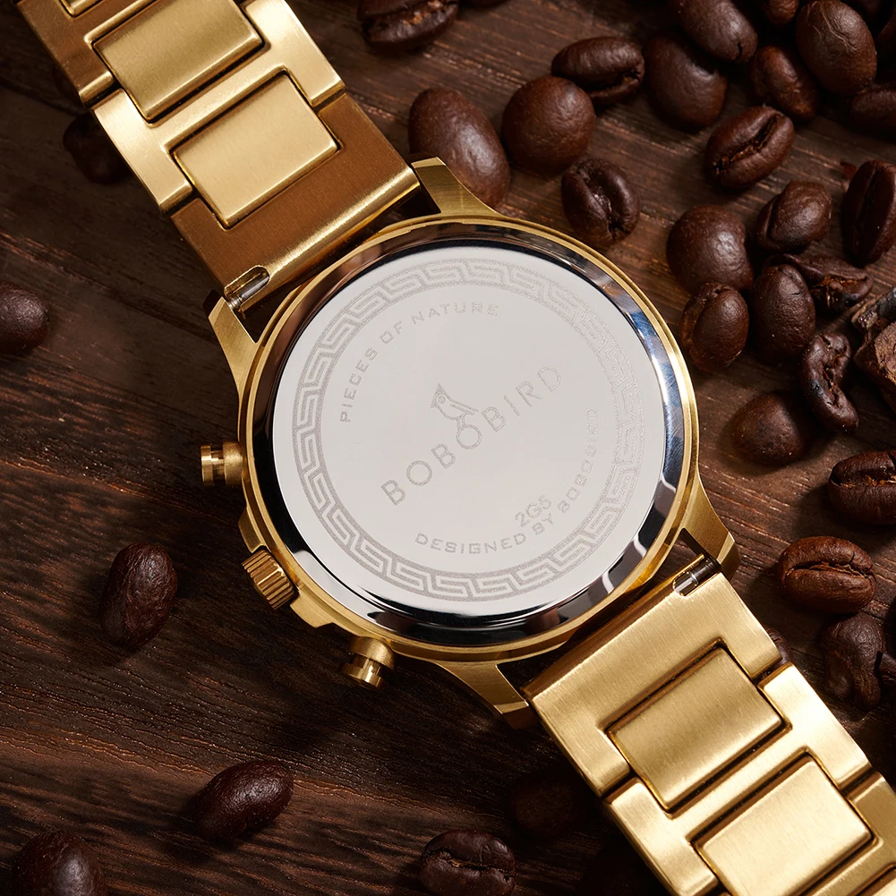 BOBOBIRD Golden Color Men's Watch Japanese Quartz Movement Ebony Wood Strap & Stainless Steel Case Custom Logo Brand Or Name