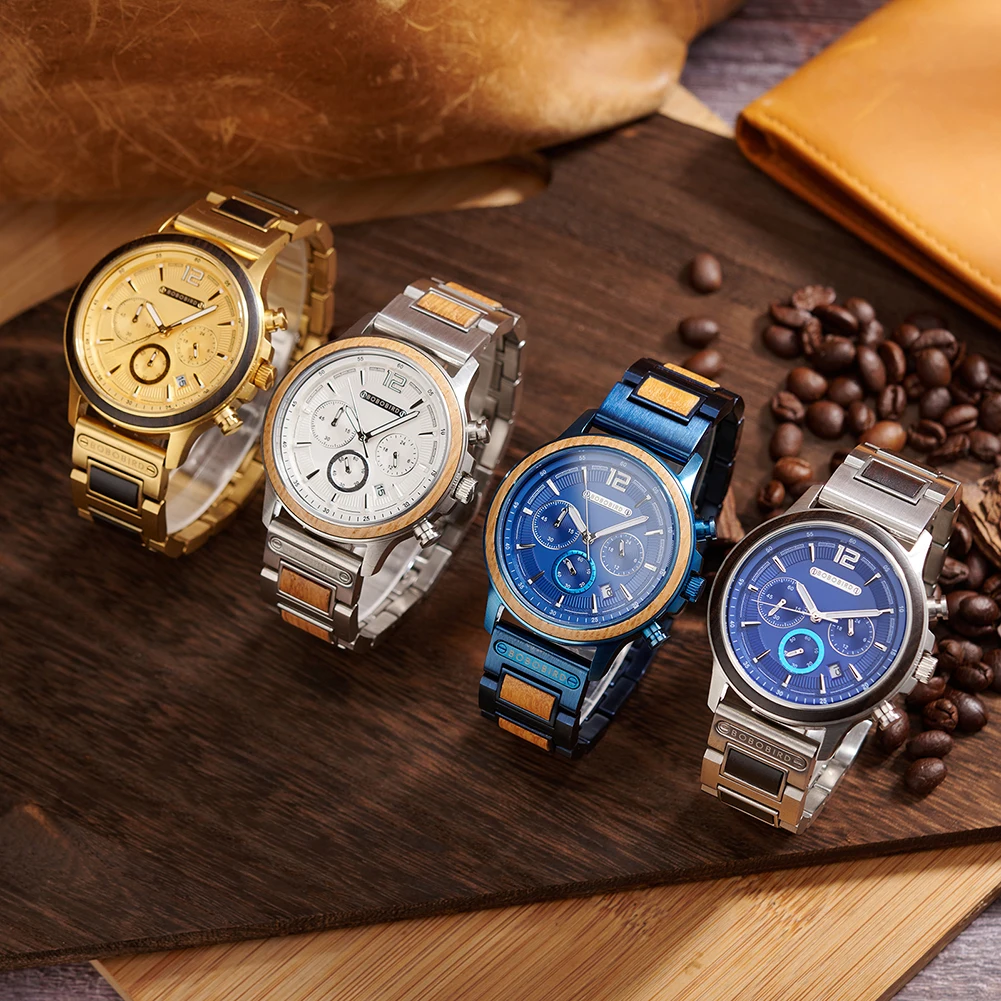 BOBOBIRD Golden Color Men's Watch Japanese Quartz Movement Ebony Wood Strap & Stainless Steel Case Custom Logo Brand Or Name