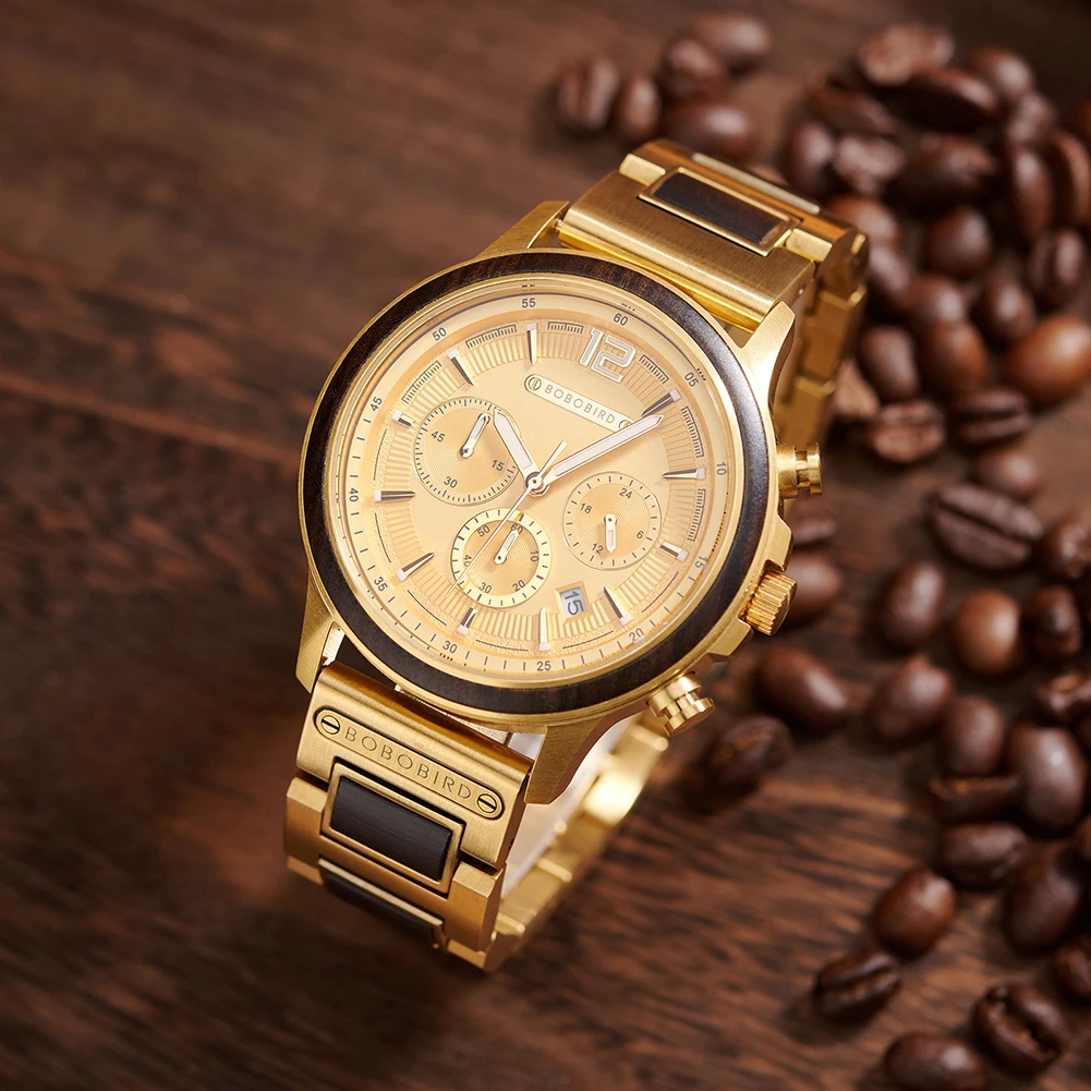 BOBOBIRD Golden Color Men's Watch Japanese Quartz Movement Ebony Wood Strap & Stainless Steel Case Custom Logo Brand Or Name