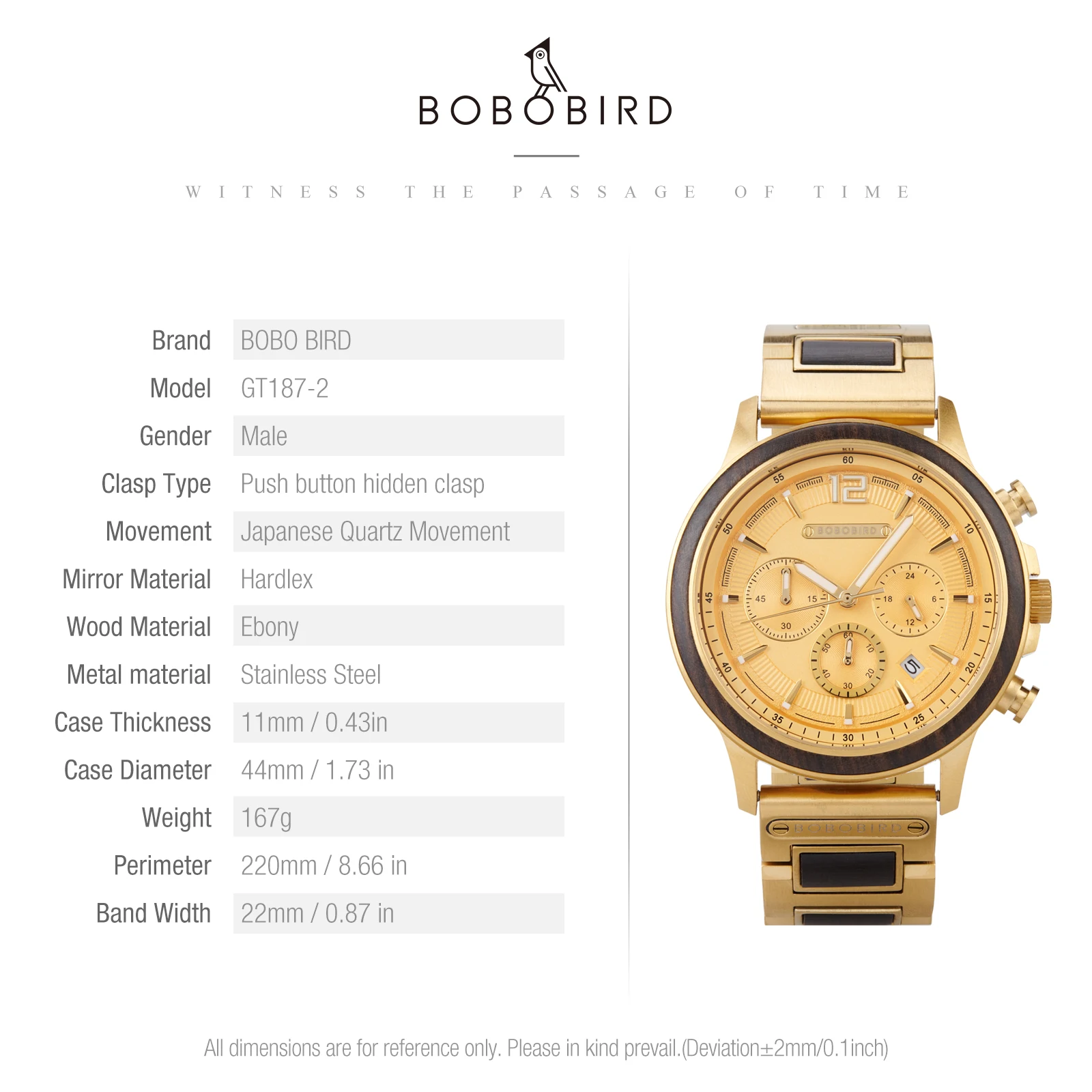 BOBOBIRD Golden Color Men's Watch Japanese Quartz Movement Ebony Wood Strap & Stainless Steel Case Custom Logo Brand Or Name