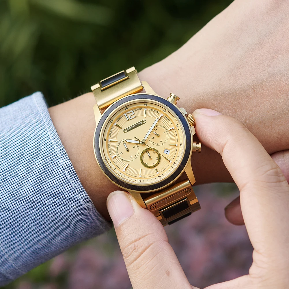 BOBOBIRD Golden Color Men's Watch Japanese Quartz Movement Ebony Wood Strap & Stainless Steel Case Custom Logo Brand Or Name