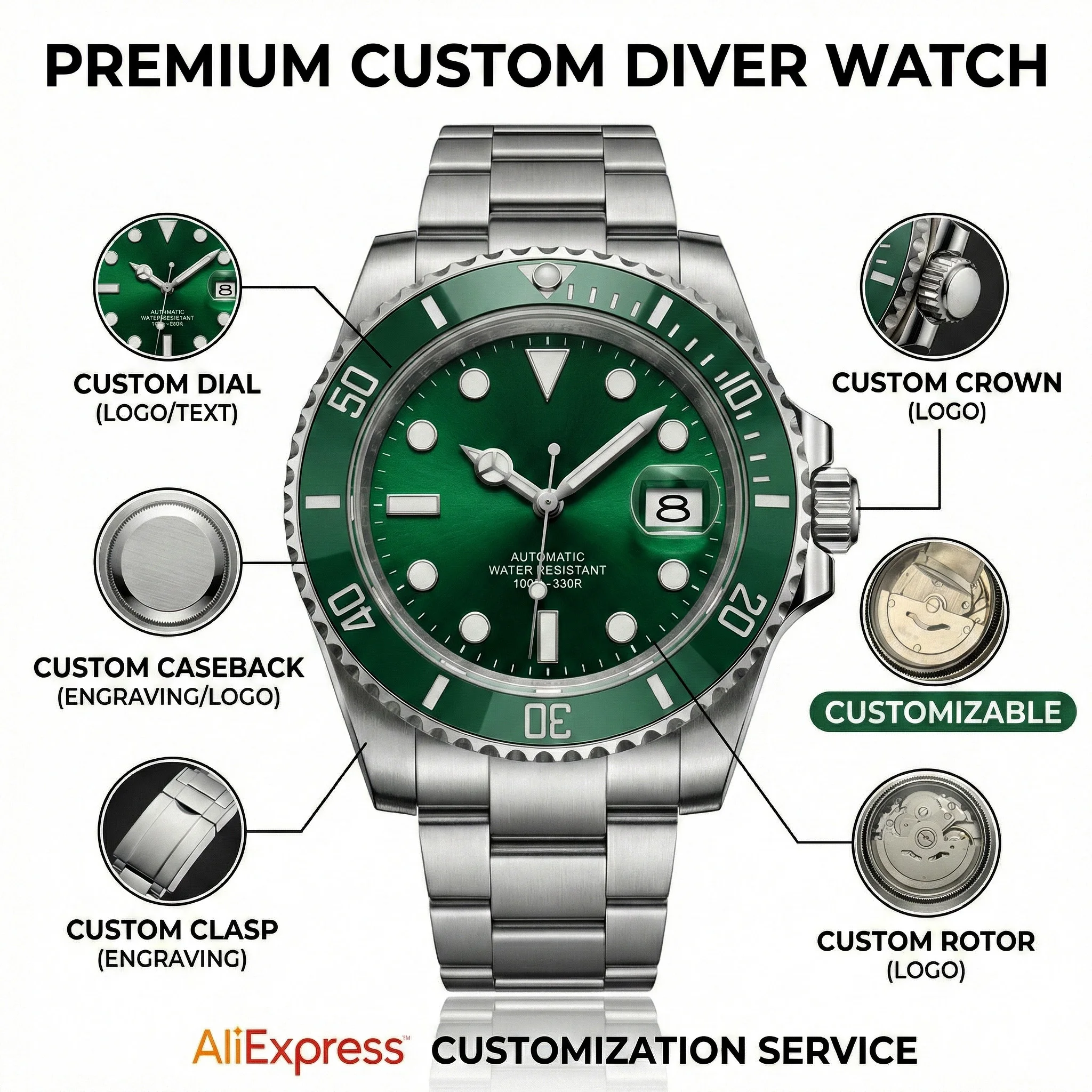 Full Custom Corgeut NH35 Automatic Watch Men Diver 100M Sapphire Ceramic Bezel Steel Personalized Logo Dial Crown Caseback