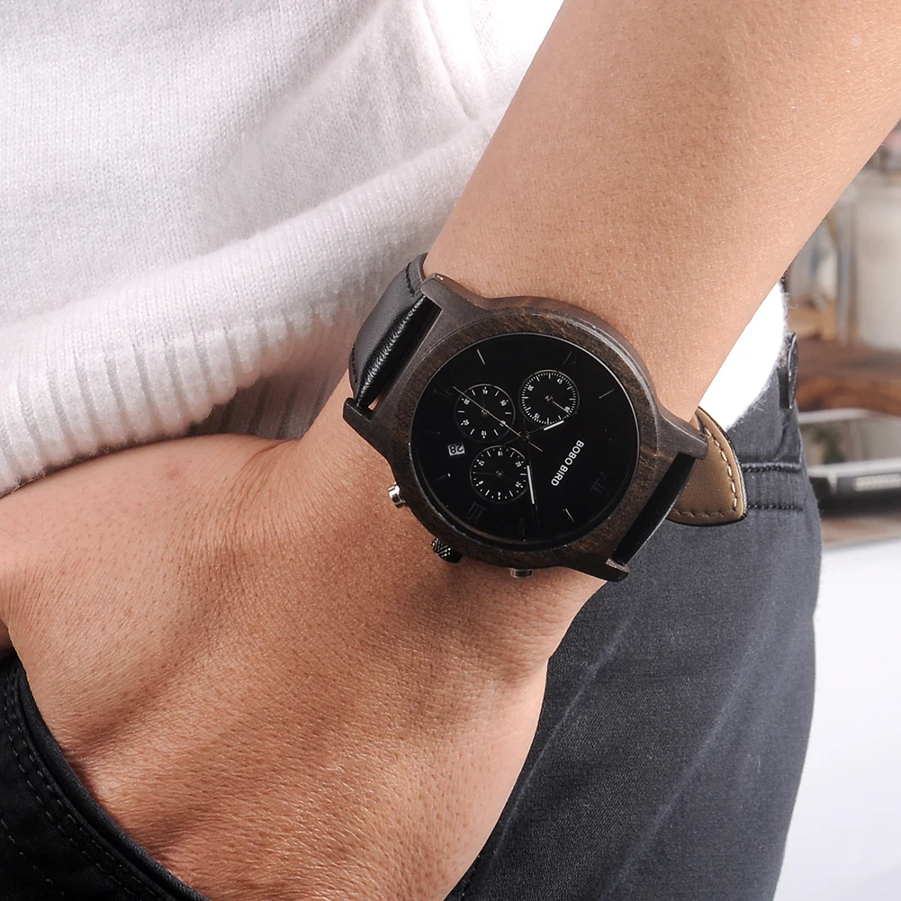 Wooden Men's Watch BOBO BIRD New Design Fashion Quartz Wristwatch Luminous Clock Hand Strap Leather Great Gift Box Мужские часы