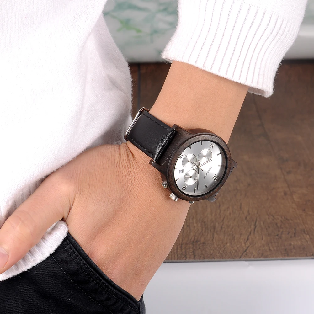 Wooden Men's Watch BOBO BIRD New Design Fashion Quartz Wristwatch Luminous Clock Hand Strap Leather Great Gift Box Мужские часы