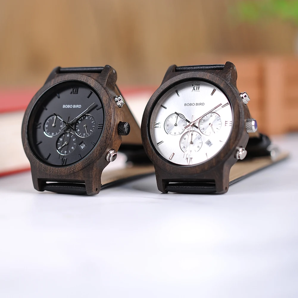 Wooden Men's Watch BOBO BIRD New Design Fashion Quartz Wristwatch Luminous Clock Hand Strap Leather Great Gift Box Мужские часы