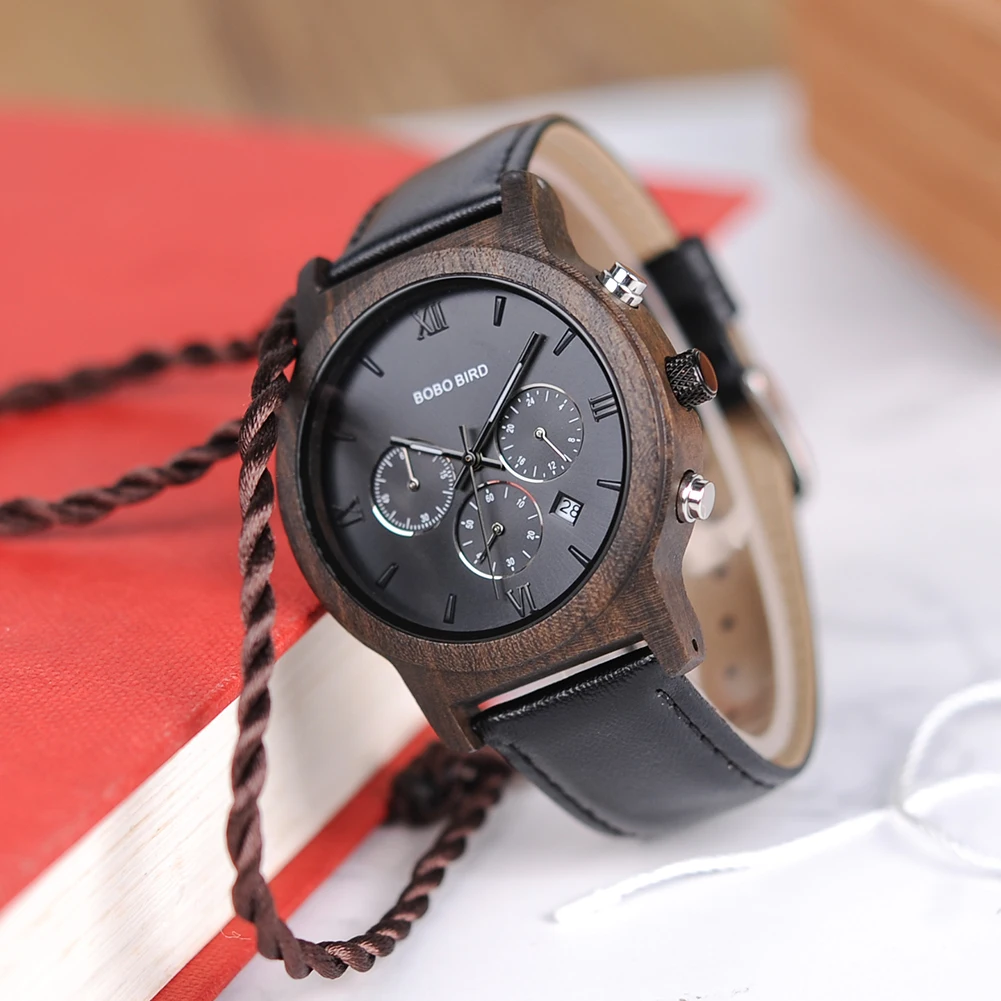 Wooden Men's Watch BOBO BIRD New Design Fashion Quartz Wristwatch Luminous Clock Hand Strap Leather Great Gift Box Мужские часы
