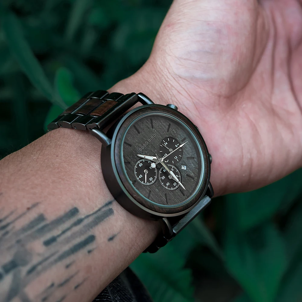 BOBO BIRD Men Watch Fashion Green Wooden Metal Quartz Watches Wristwatch Chronograph Auto Date Display Timepiece Great Gift Box