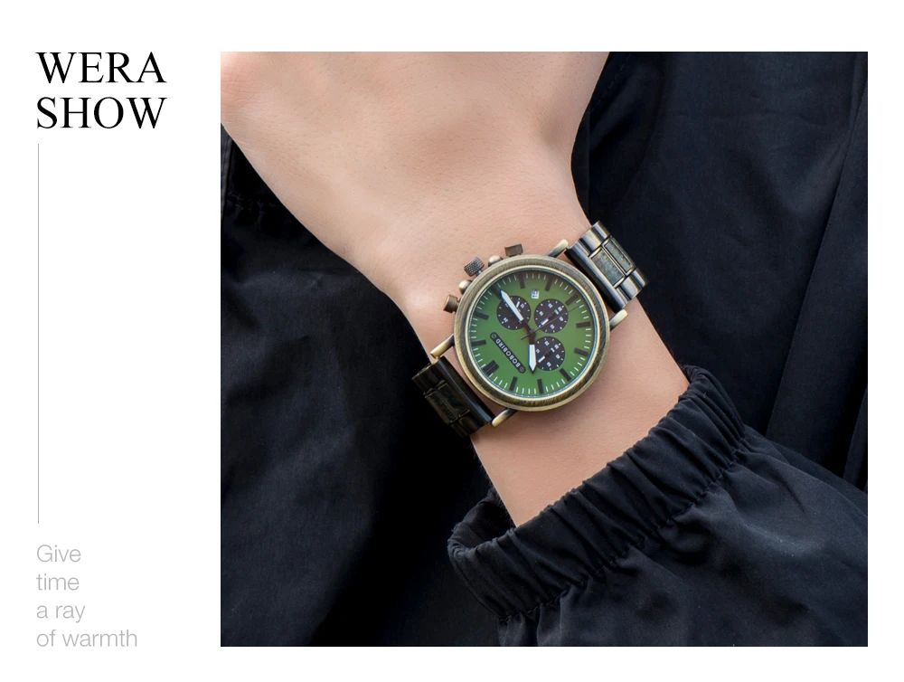 BOBO BIRD Men Watch Fashion Green Wooden Metal Quartz Watches Wristwatch Chronograph Auto Date Display Timepiece Great Gift Box