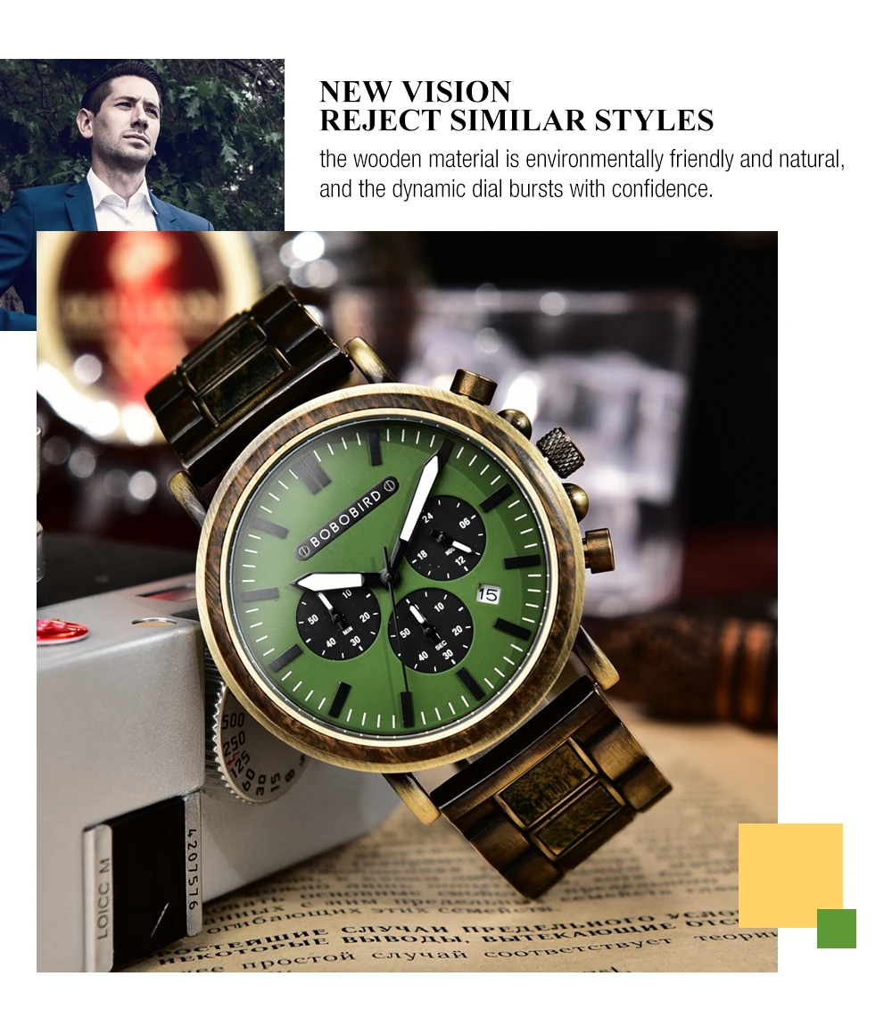 BOBO BIRD Men Watch Fashion Green Wooden Metal Quartz Watches Wristwatch Chronograph Auto Date Display Timepiece Great Gift Box