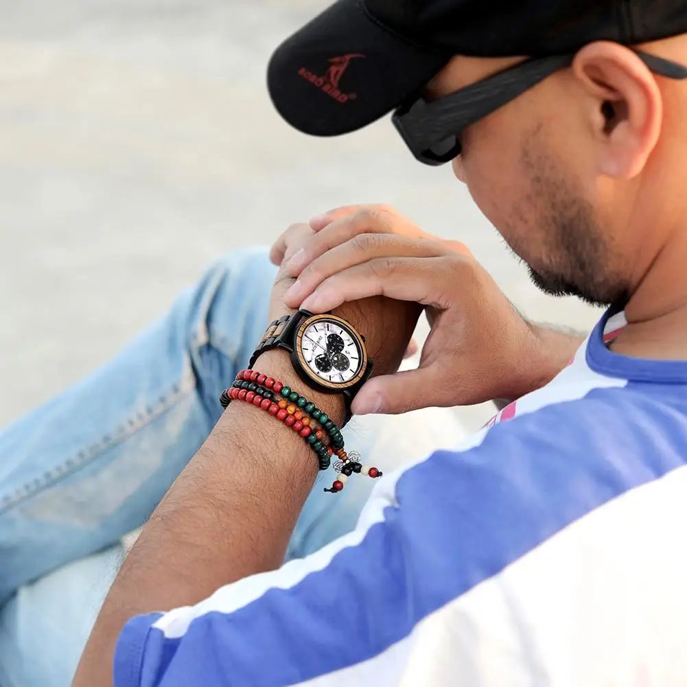 BOBO BIRD Men Watch Fashion Green Wooden Metal Quartz Watches Wristwatch Chronograph Auto Date Display Timepiece Great Gift Box