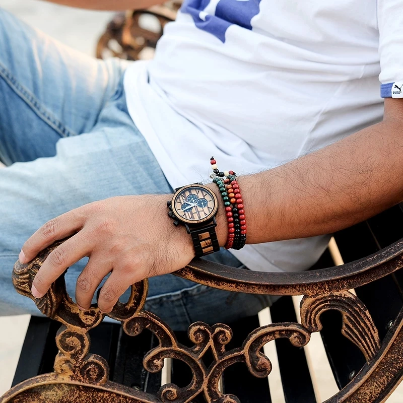 BOBO BIRD Men Watch Fashion Green Wooden Metal Quartz Watches Wristwatch Chronograph Auto Date Display Timepiece Great Gift Box