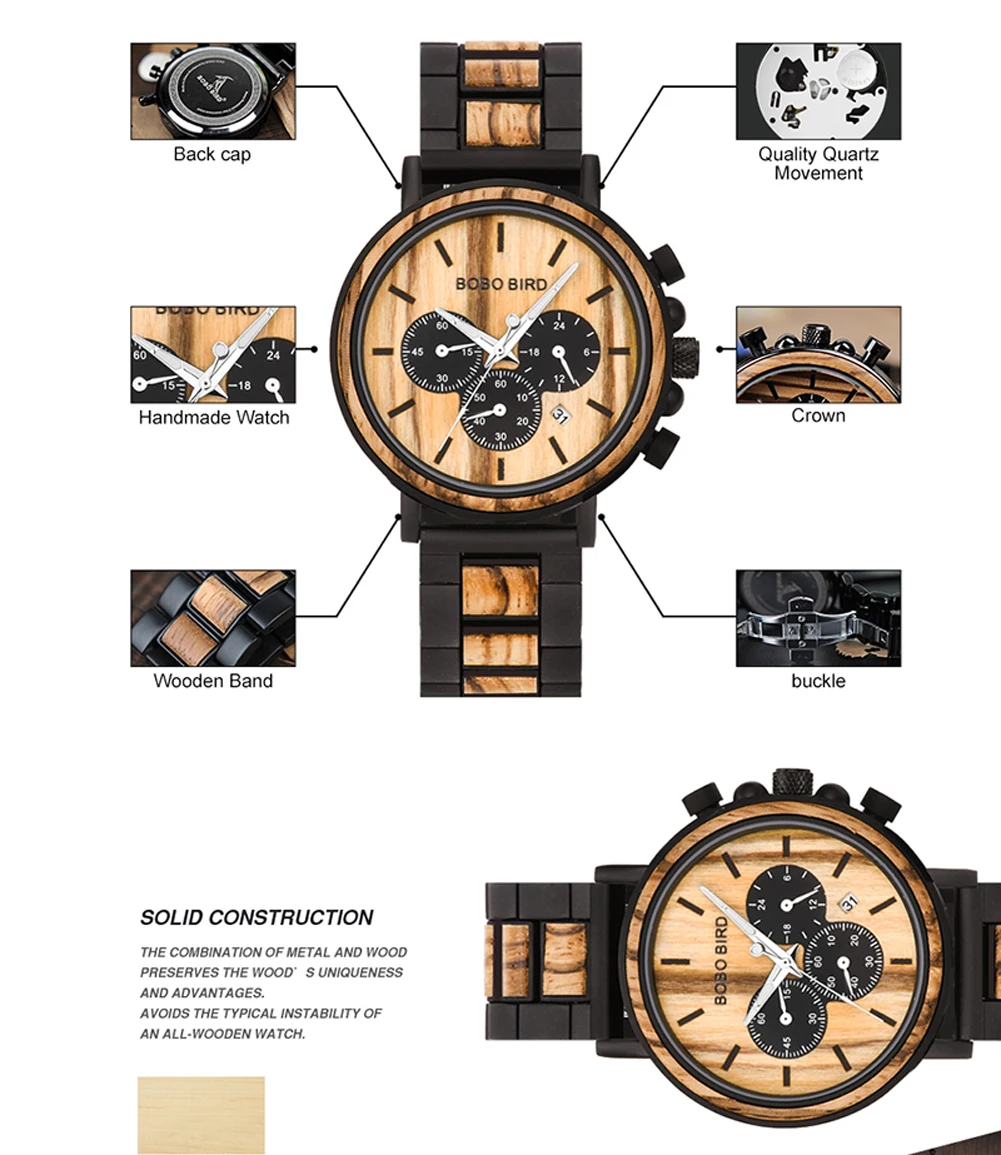BOBO BIRD Men Watch Fashion Green Wooden Metal Quartz Watches Wristwatch Chronograph Auto Date Display Timepiece Great Gift Box