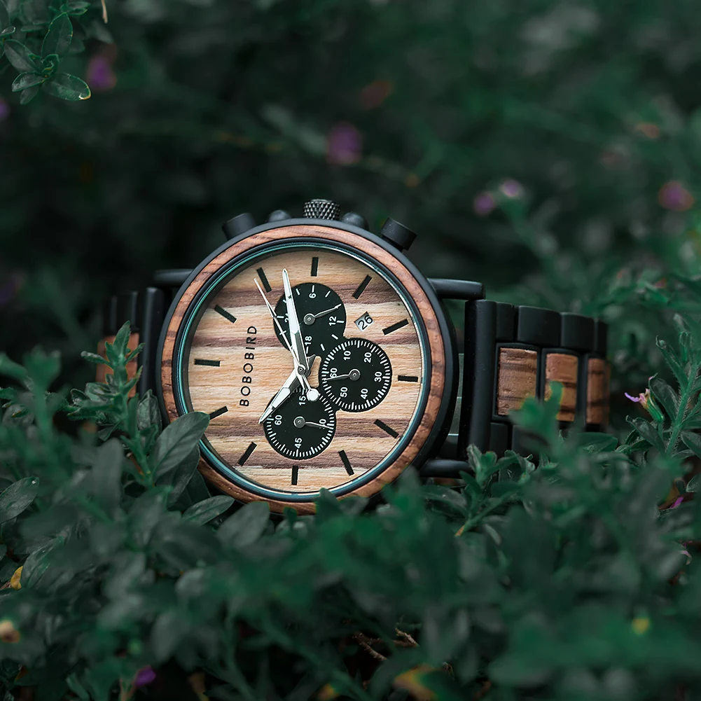 BOBO BIRD Men Watch Fashion Green Wooden Metal Quartz Watches Wristwatch Chronograph Auto Date Display Timepiece Great Gift Box