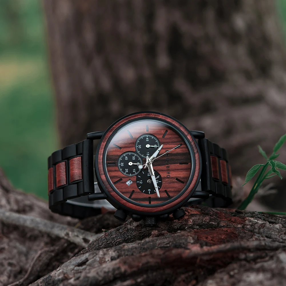 BOBO BIRD Men Watch Fashion Green Wooden Metal Quartz Watches Wristwatch Chronograph Auto Date Display Timepiece Great Gift Box