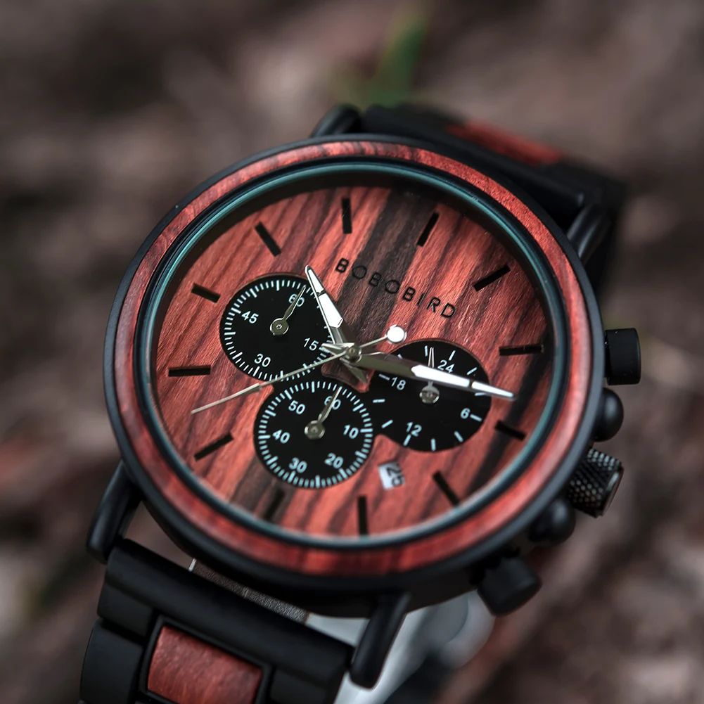 BOBO BIRD Men Watch Fashion Green Wooden Metal Quartz Watches Wristwatch Chronograph Auto Date Display Timepiece Great Gift Box