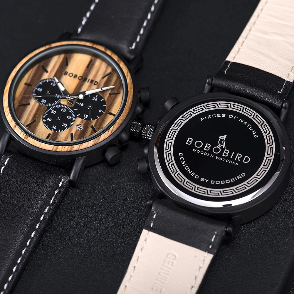 BOBO BIRD Men Watch Fashion Green Wooden Metal Quartz Watches Wristwatch Chronograph Auto Date Display Timepiece Great Gift Box