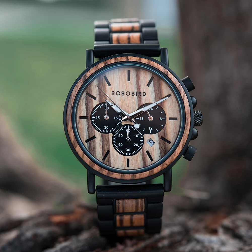 BOBO BIRD Men Watch Fashion Green Wooden Metal Quartz Watches Wristwatch Chronograph Auto Date Display Timepiece Great Gift Box