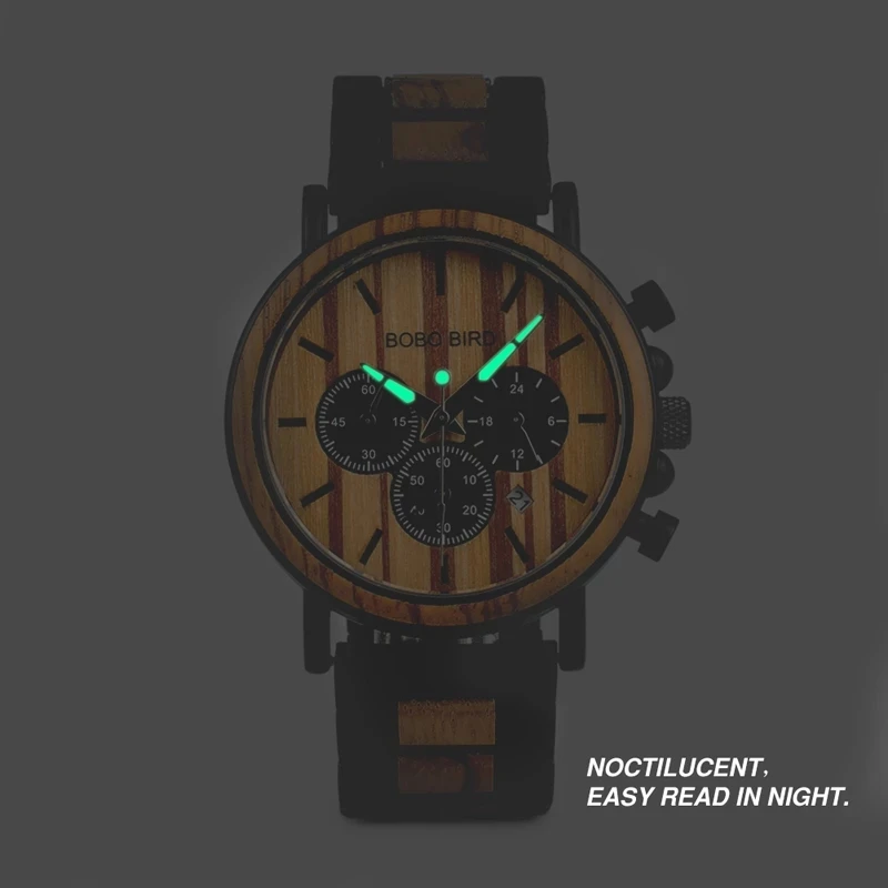 BOBO BIRD Men Watch Fashion Green Wooden Metal Quartz Watches Wristwatch Chronograph Auto Date Display Timepiece Great Gift Box