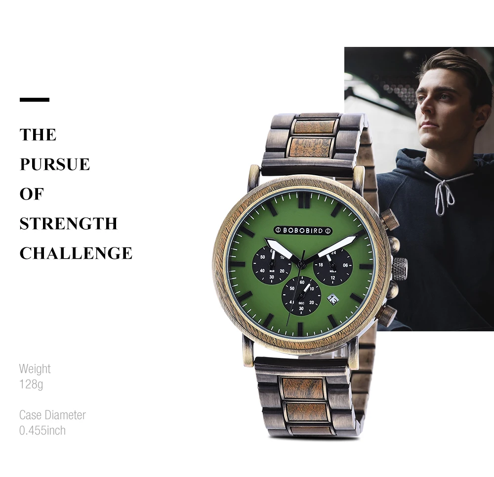 BOBO BIRD Men Watch Fashion Green Wooden Metal Quartz Watches Wristwatch Chronograph Auto Date Display Timepiece Great Gift Box