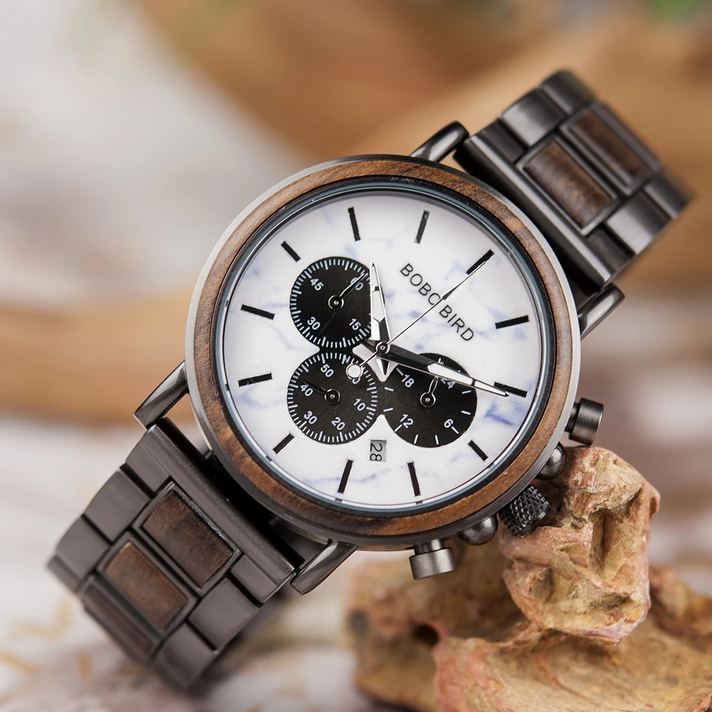 BOBO BIRD Men Watch Fashion Green Wooden Metal Quartz Watches Wristwatch Chronograph Auto Date Display Timepiece Great Gift Box