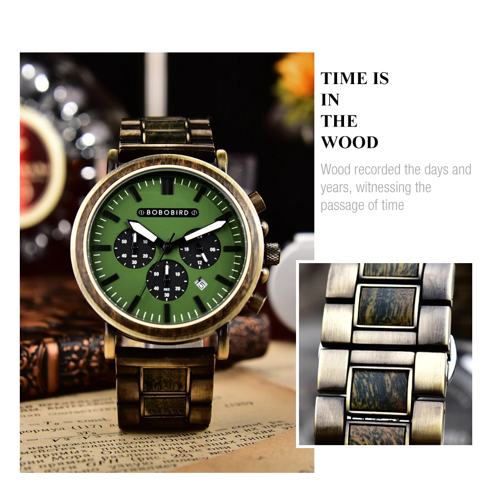 BOBO BIRD Men Watch Fashion Green Wooden Metal Quartz Watches Wristwatch Chronograph Auto Date Display Timepiece Great Gift Box