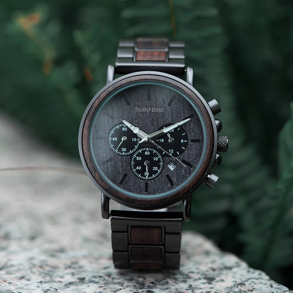 BOBO BIRD Men Watch Fashion Green Wooden Metal Quartz Watches Wristwatch Chronograph Auto Date Display Timepiece Great Gift Box