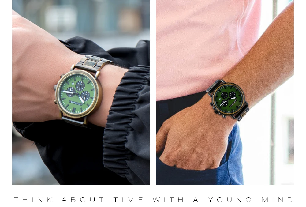 BOBO BIRD Men Watch Fashion Green Wooden Metal Quartz Watches Wristwatch Chronograph Auto Date Display Timepiece Great Gift Box