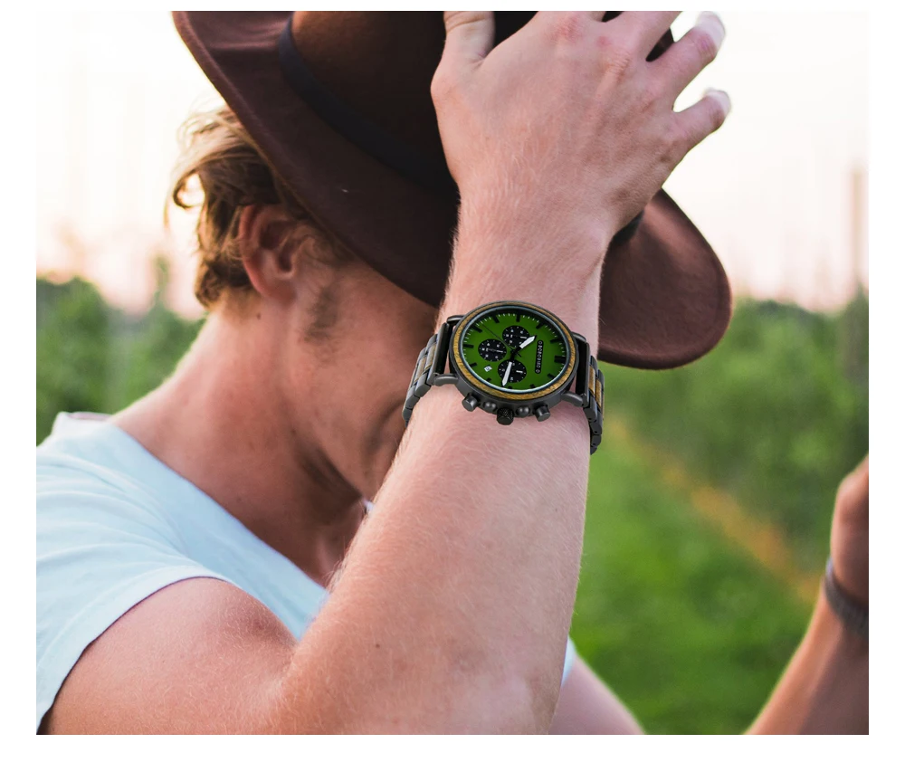 BOBO BIRD Men Watch Fashion Green Wooden Metal Quartz Watches Wristwatch Chronograph Auto Date Display Timepiece Great Gift Box