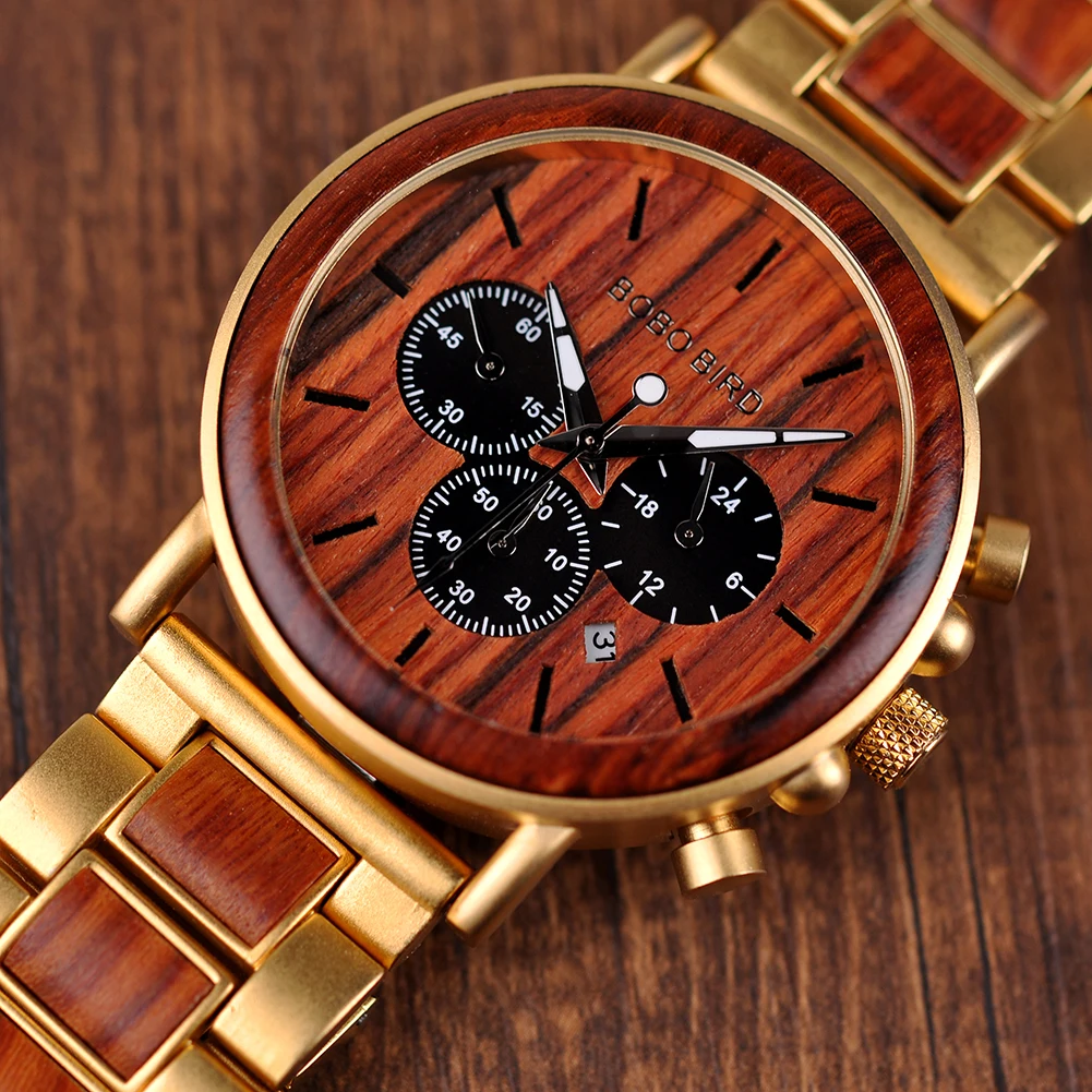 BOBO BIRD Men Watch Fashion Green Wooden Metal Quartz Watches Wristwatch Chronograph Auto Date Display Timepiece Great Gift Box