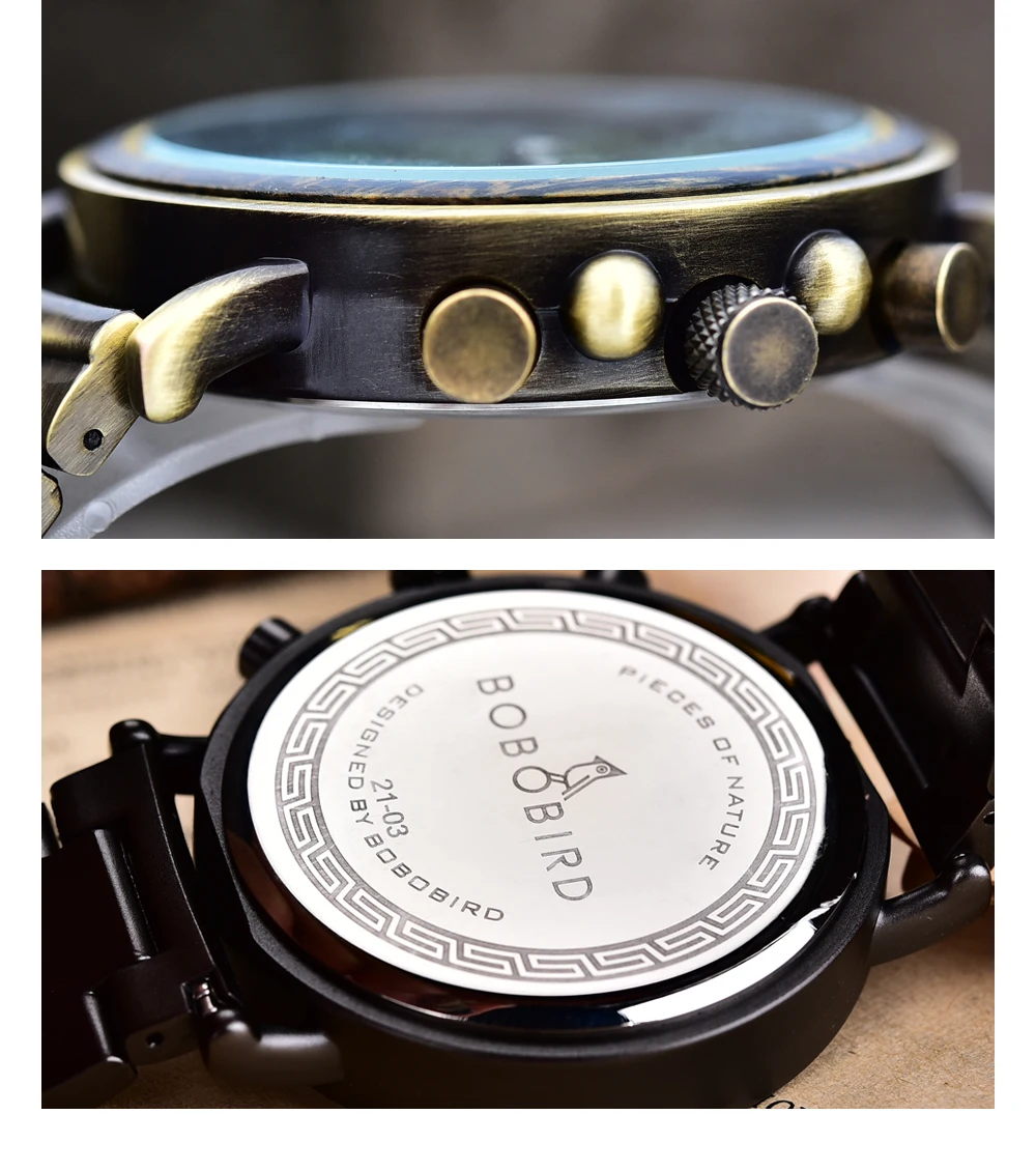 BOBO BIRD Men Watch Fashion Green Wooden Metal Quartz Watches Wristwatch Chronograph Auto Date Display Timepiece Great Gift Box