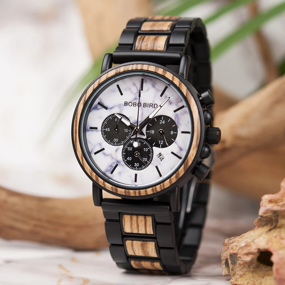 BOBO BIRD Men Watch Fashion Green Wooden Metal Quartz Watches Wristwatch Chronograph Auto Date Display Timepiece Great Gift Box