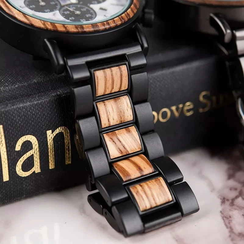 BOBO BIRD Men Watch Fashion Green Wooden Metal Quartz Watches Wristwatch Chronograph Auto Date Display Timepiece Great Gift Box