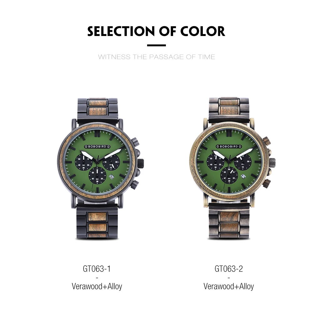 BOBO BIRD Men Watch Fashion Green Wooden Metal Quartz Watches Wristwatch Chronograph Auto Date Display Timepiece Great Gift Box