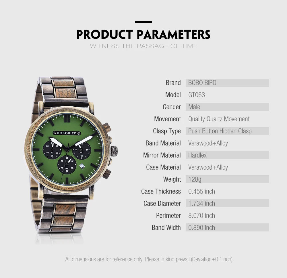 BOBO BIRD Men Watch Fashion Green Wooden Metal Quartz Watches Wristwatch Chronograph Auto Date Display Timepiece Great Gift Box