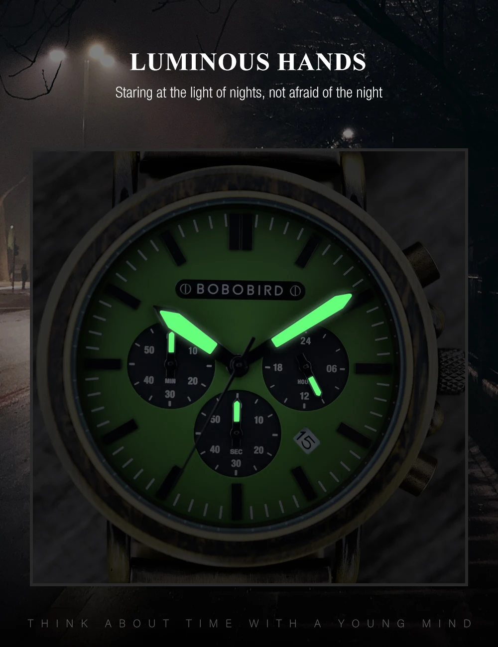BOBO BIRD Men Watch Fashion Green Wooden Metal Quartz Watches Wristwatch Chronograph Auto Date Display Timepiece Great Gift Box