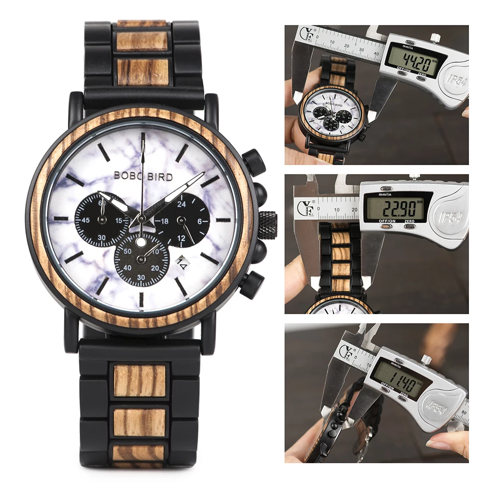 BOBO BIRD Men Watch Fashion Green Wooden Metal Quartz Watches Wristwatch Chronograph Auto Date Display Timepiece Great Gift Box