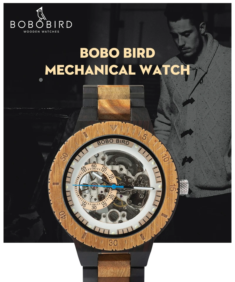 Mechanical Watch Men Wooden Watches BOBO BIRD Luxury Fashion Automatic Wristwatch Luminous Timepiece Clock Custom Gift Box OEM