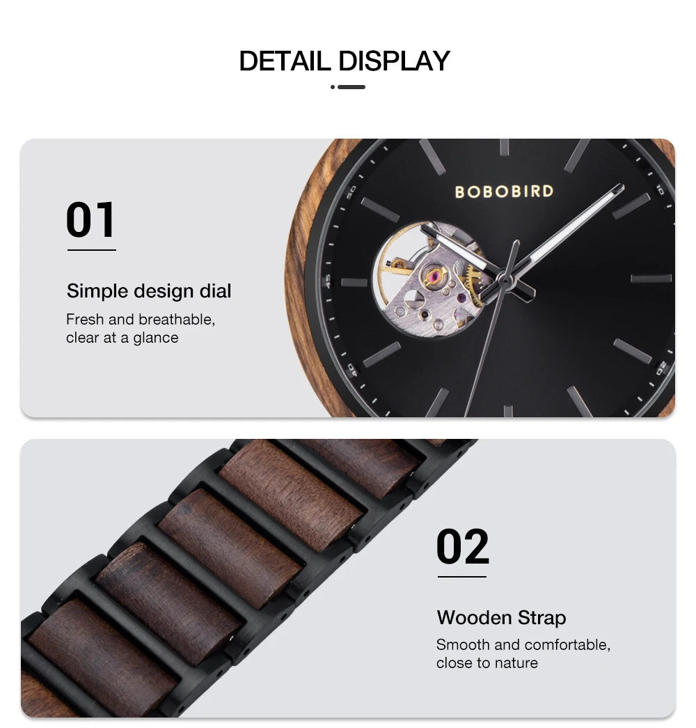 Mechanical Watch BOBO BIRD 2022 Classic Fashion Men's Automatic Wristwatch Tabby Wood Watches Customized Gift Box Reloj Hombre