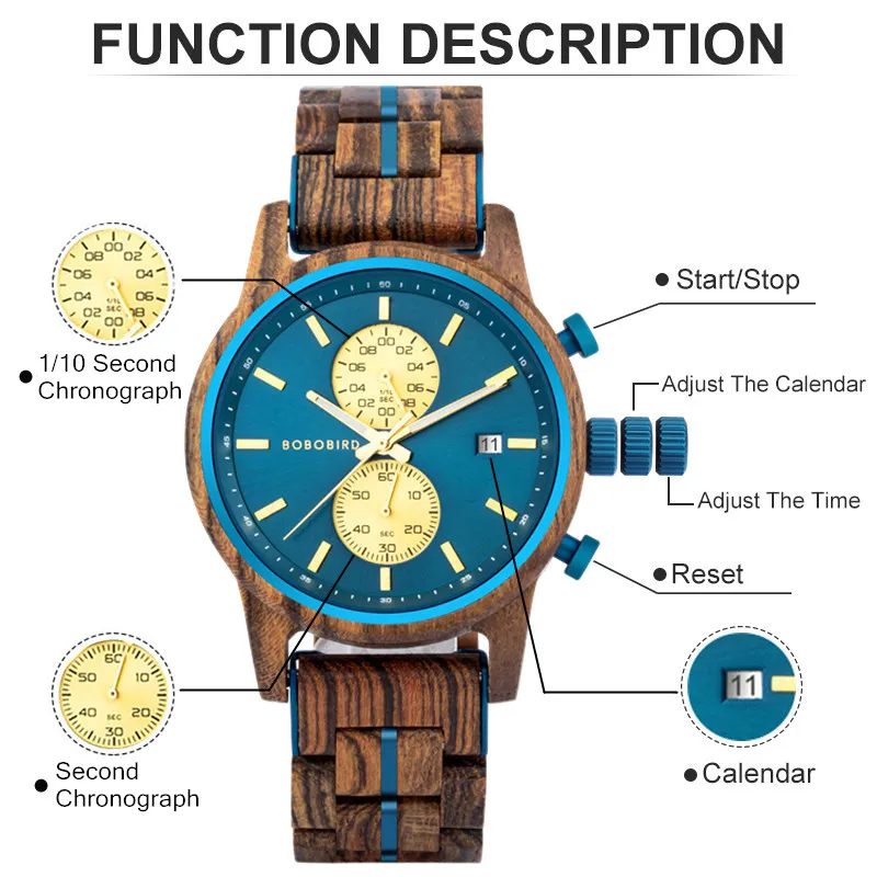 Wooden Men's Watch BOBOBIRD New Top Japanese Miyota Wristwatch Sports Chronograph Calendar Custom Gift Box Relogio Masculino