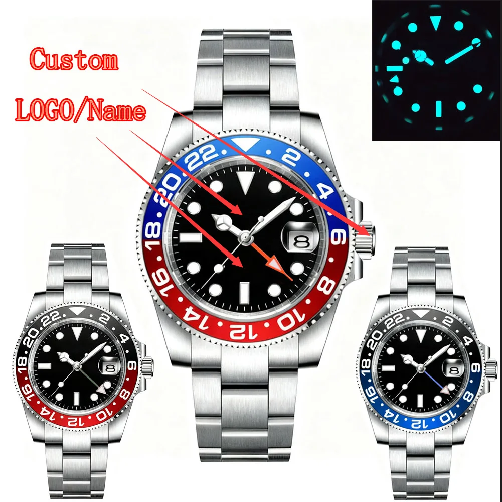 Customized LOGO 40mm Quartz GMT Man Watches Sapphire glass 10Bar Waterproof Luminous Diving Mens Wrist Watch Steel Bracelet