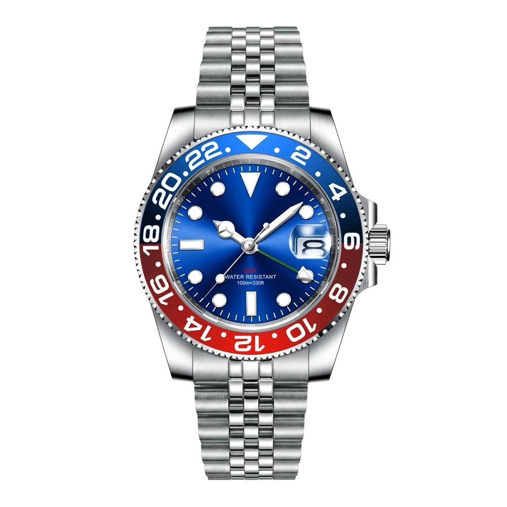 Custom luxury GMT Watch 40mm Mechanical Wristwatches Quartz Movt Stainless Sapphire Glass 100M Waterproof Luminous Men Watches