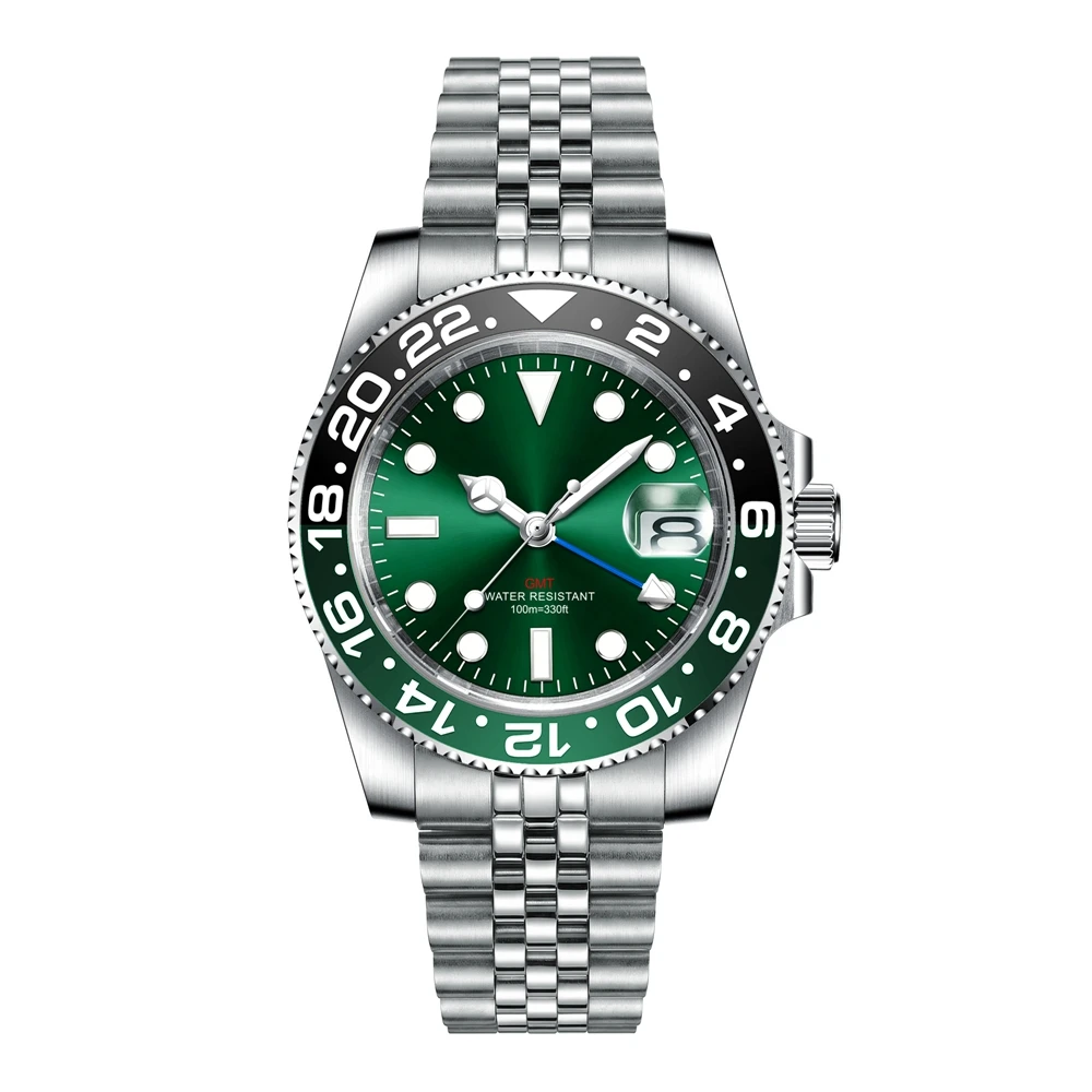 Custom luxury GMT Watch 40mm Mechanical Wristwatches Quartz Movt Stainless Sapphire Glass 100M Waterproof Luminous Men Watches