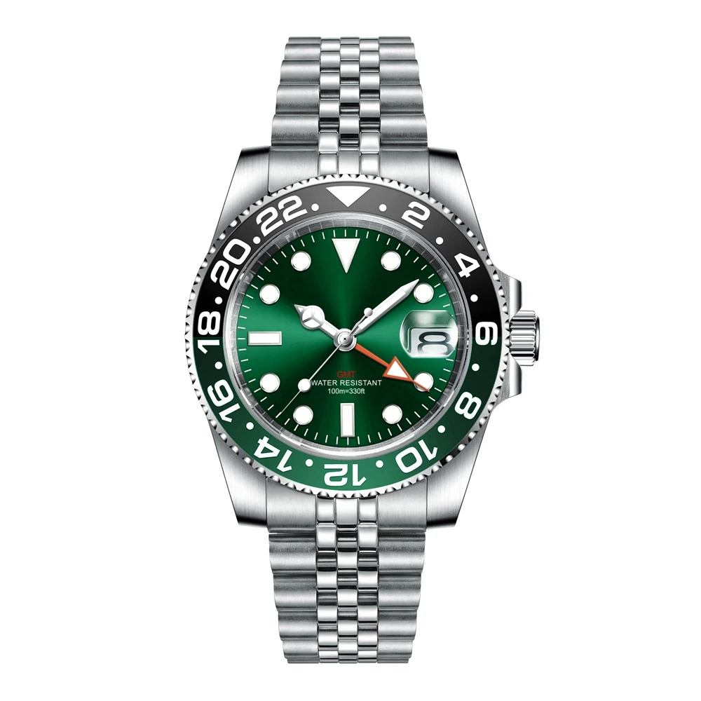 Custom luxury GMT Watch 40mm Mechanical Wristwatches Quartz Movt Stainless Sapphire Glass 100M Waterproof Luminous Men Watches