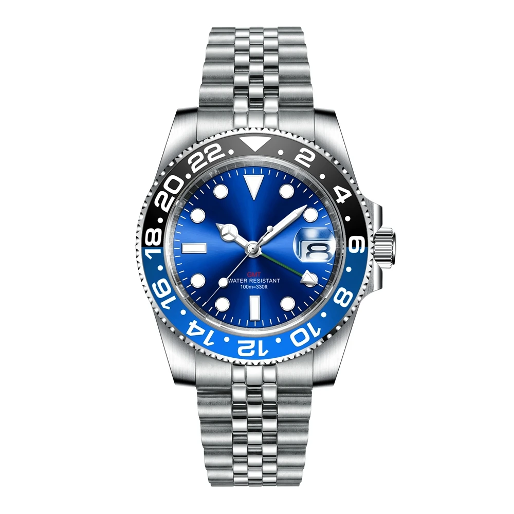 Custom luxury GMT Watch 40mm Mechanical Wristwatches Quartz Movt Stainless Sapphire Glass 100M Waterproof Luminous Men Watches