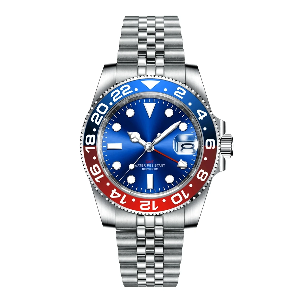 Custom luxury GMT Watch 40mm Mechanical Wristwatches Quartz Movt Stainless Sapphire Glass 100M Waterproof Luminous Men Watches