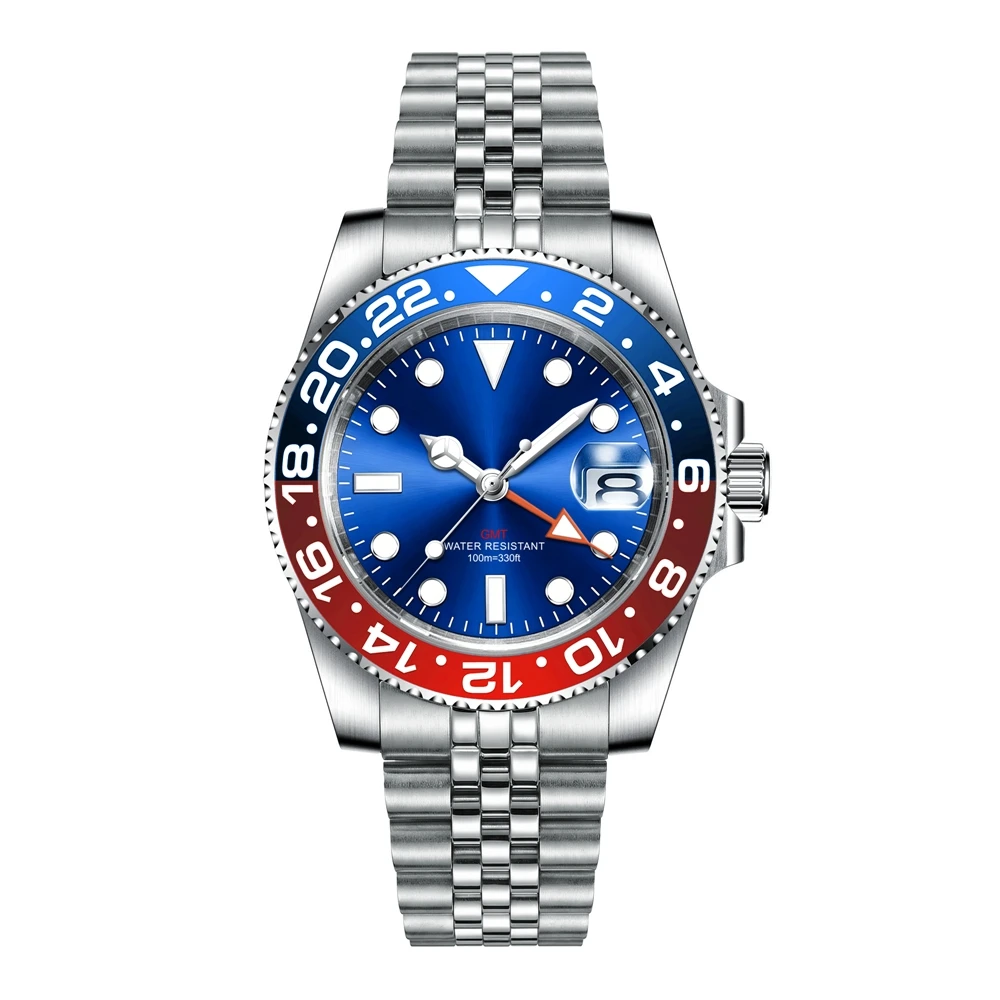 Custom luxury GMT Watch 40mm Mechanical Wristwatches Quartz Movt Stainless Sapphire Glass 100M Waterproof Luminous Men Watches